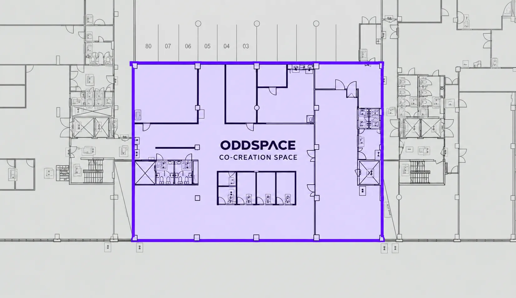 Floor plan of the second floor with the ODDspace co-creation space outlined and shaded in purple, surrounded by the rest of the building's floor plate and numbered parking bays.