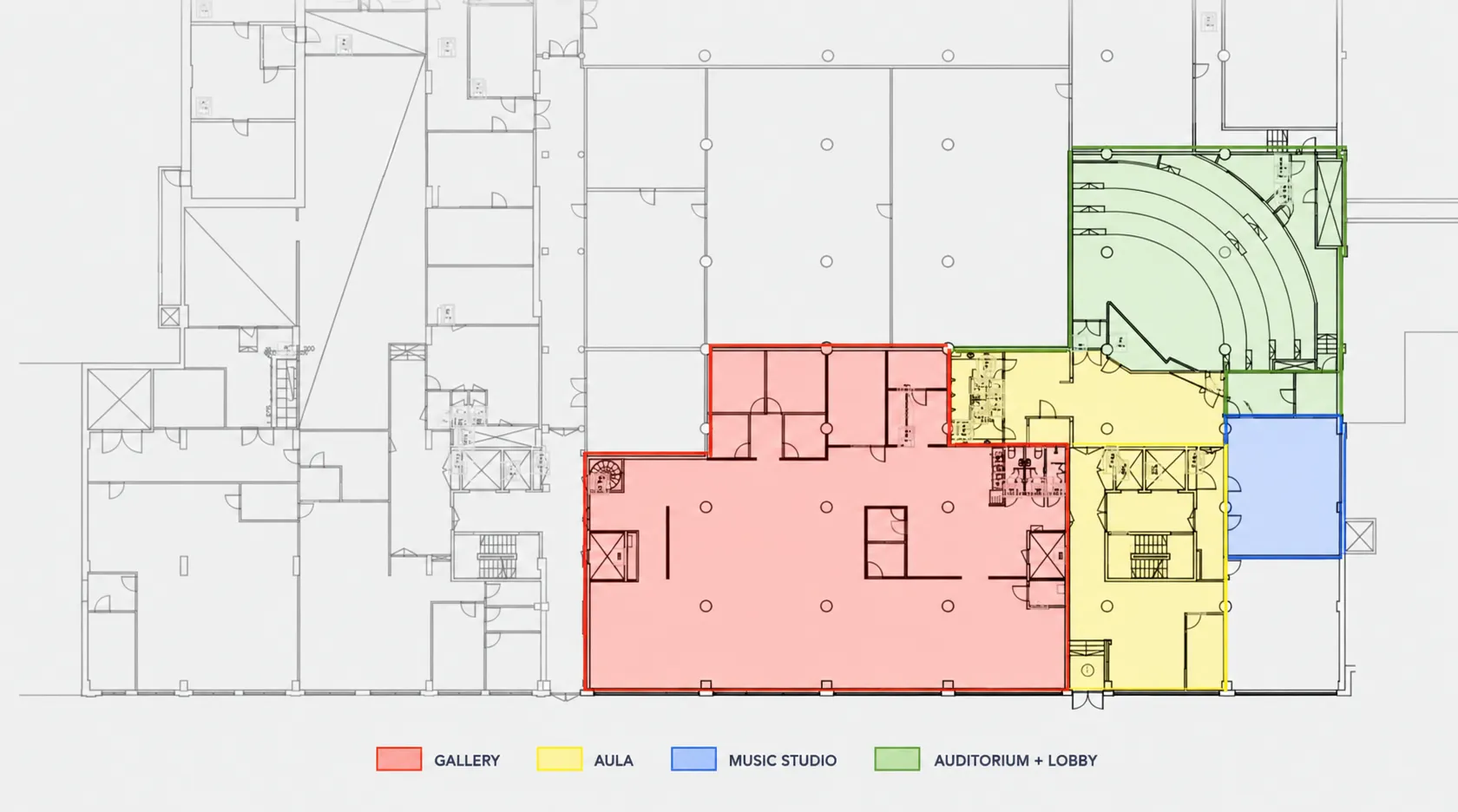 Colour-coded floor plan of the street level: the Gallery outlined in red on the left, the Aula in yellow in the middle, the music studio in blue to its right, and the Auditorium with its lobby in green at the top right.